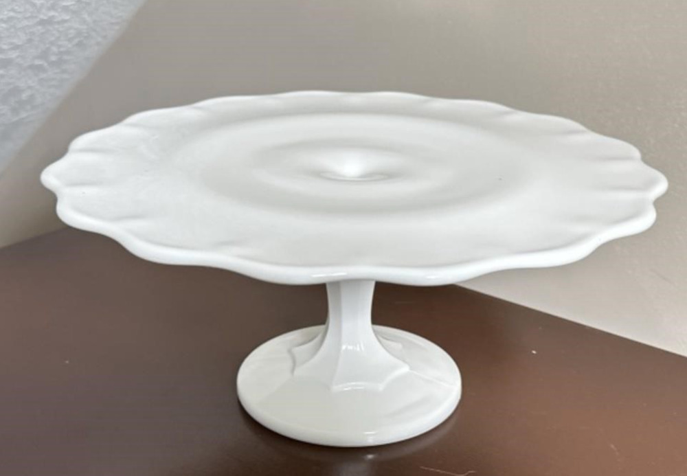 Vintage Milk Glass Pedestal Cake Plate Indiana Glass Scalloped Edge